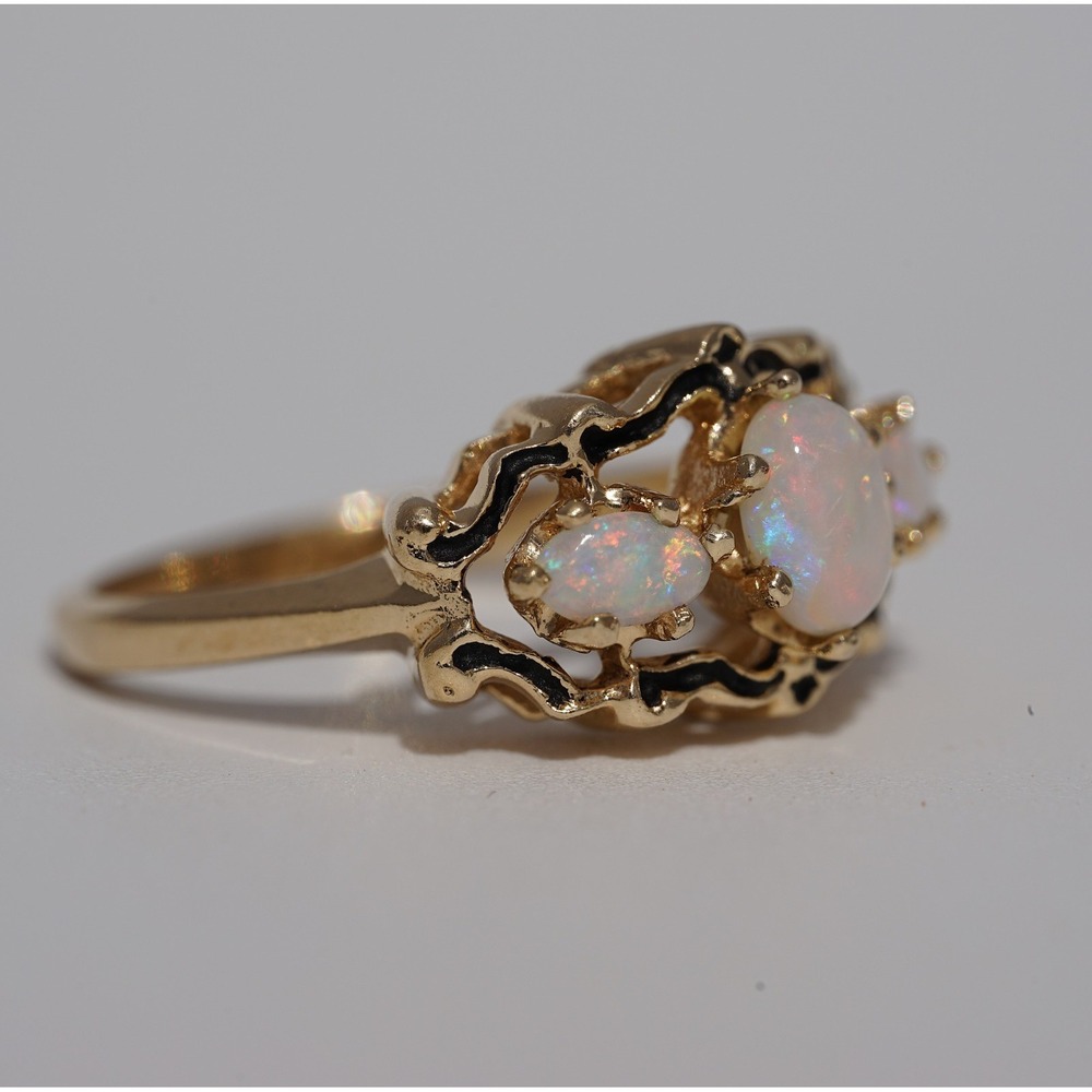 Vintage 14k Solid Yellow Gold Three Stone Natural White Opal Ring Size 5.75 4.3g - Picture 7 of 11